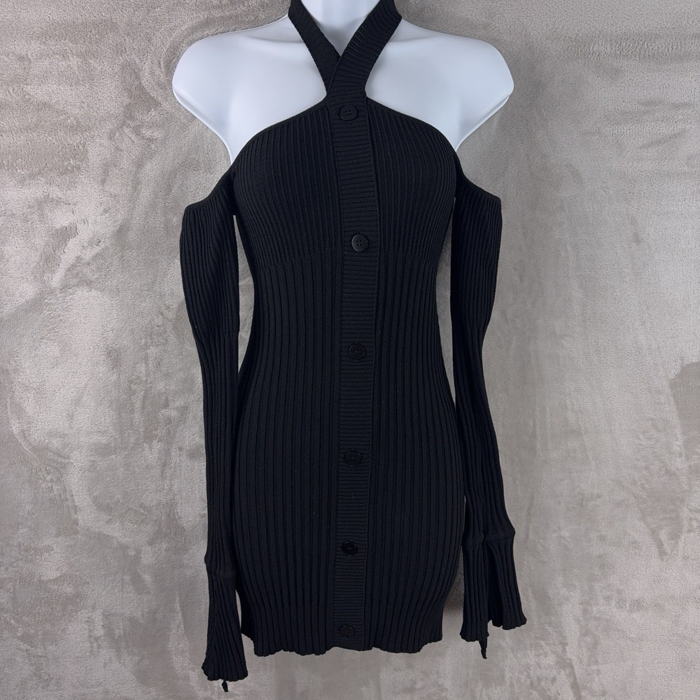 Andrea Adamo Ribbed Halter Dress Womens Size XS Black Button Front‎ Bodycon